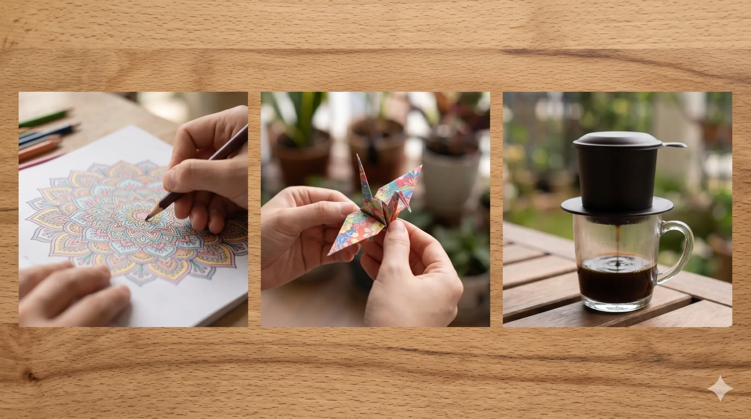Hoạt động tay chân thay thế điện thoại cấp độ dễ: tô màu mandala, xếp giấy origami, pha cà phê bằng phin