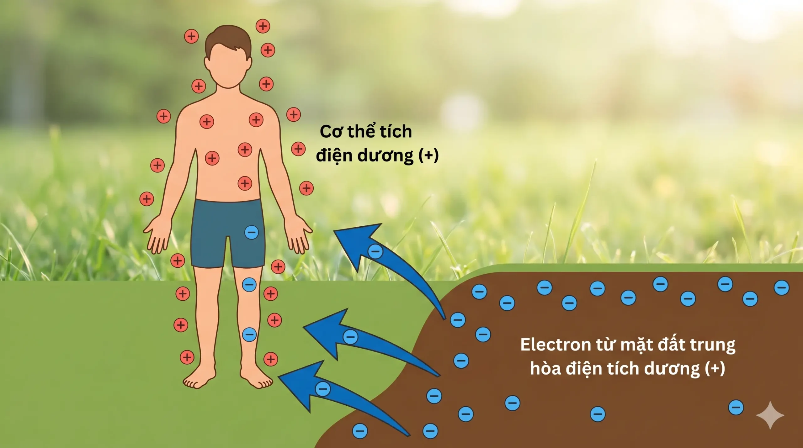 Sơ đồ cơ chế electron từ mặt đất trung hòa điện tích dương trong cơ thể