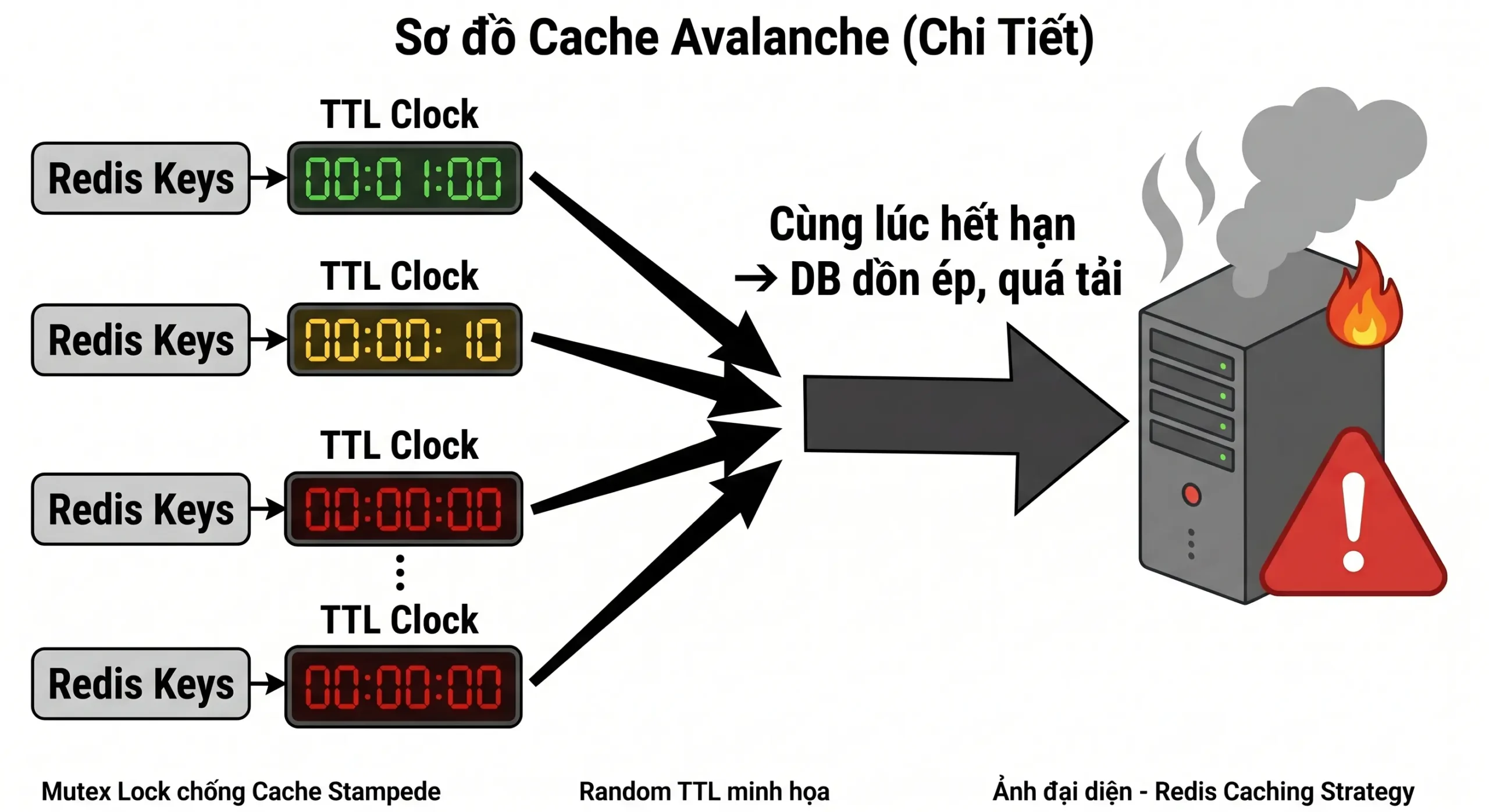 Sơ đồ cache avalanche – nhiều key hết hạn đồng thời làm database bị dồn request