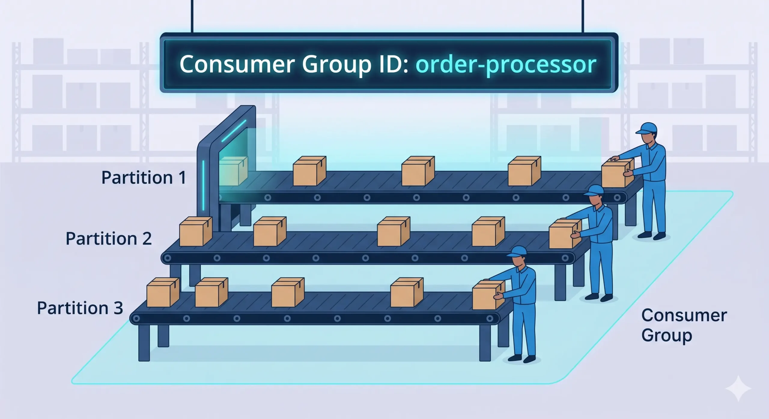 Sơ đồ consumer group trong Kafka với 3 partition và 3 consumer song song