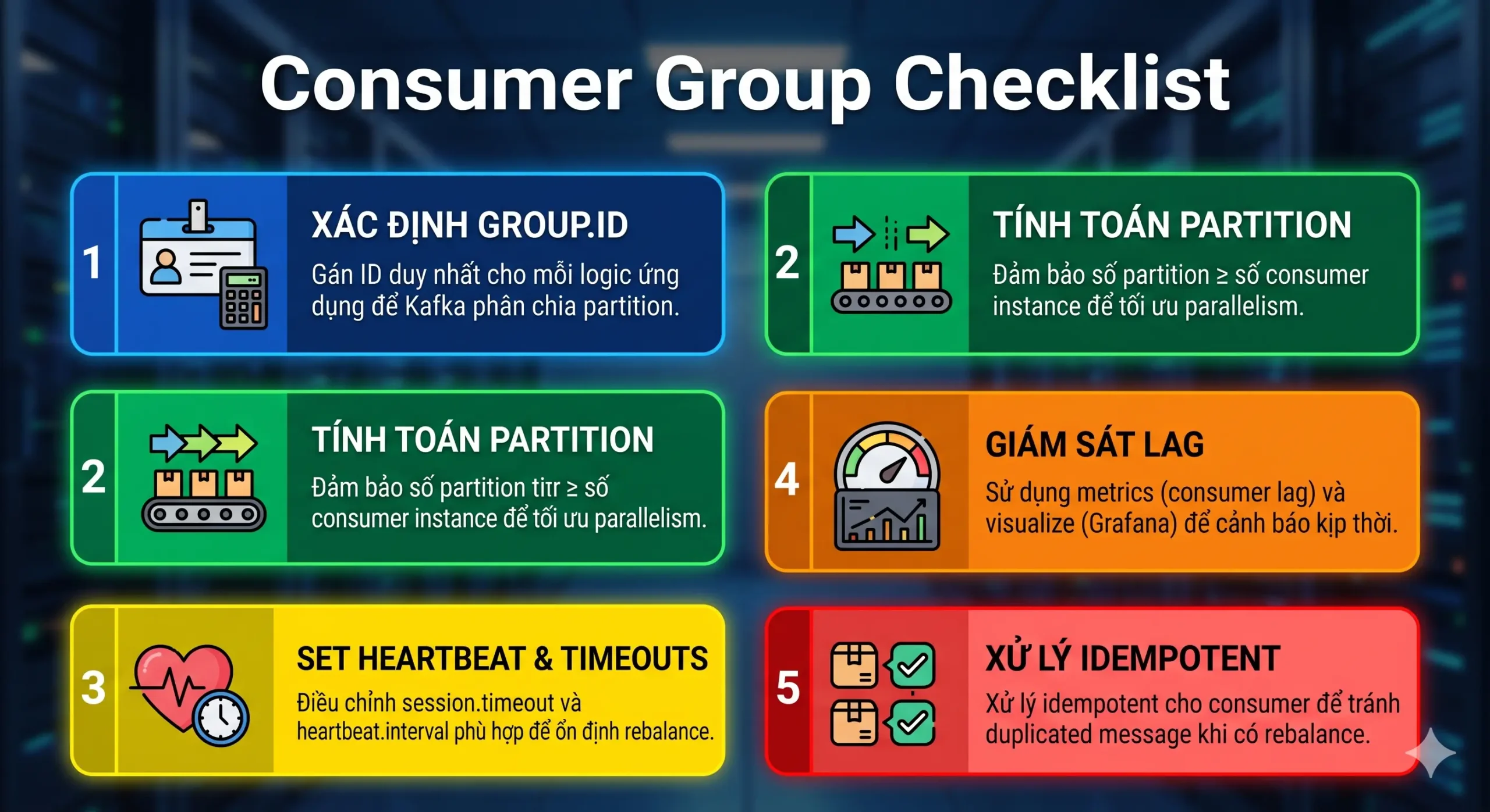 Checklist tối ưu Kafka consumer group cho production