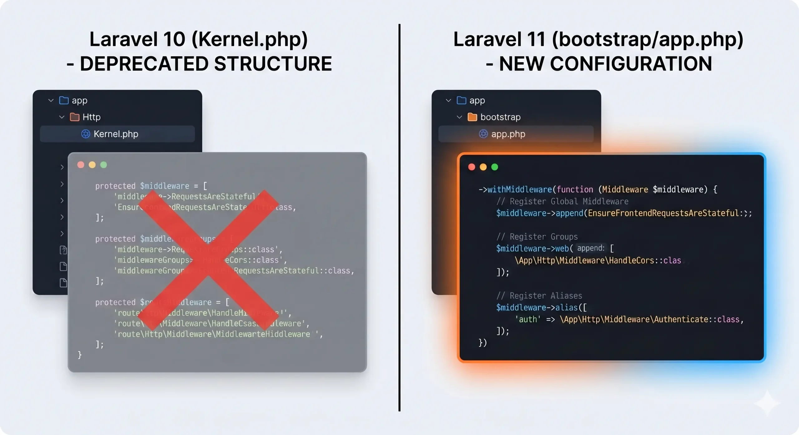 So sánh cách đăng ký Middleware trong Laravel 10 (qua Kernel.php) và Laravel 11 (qua bootstrap/app.php)
