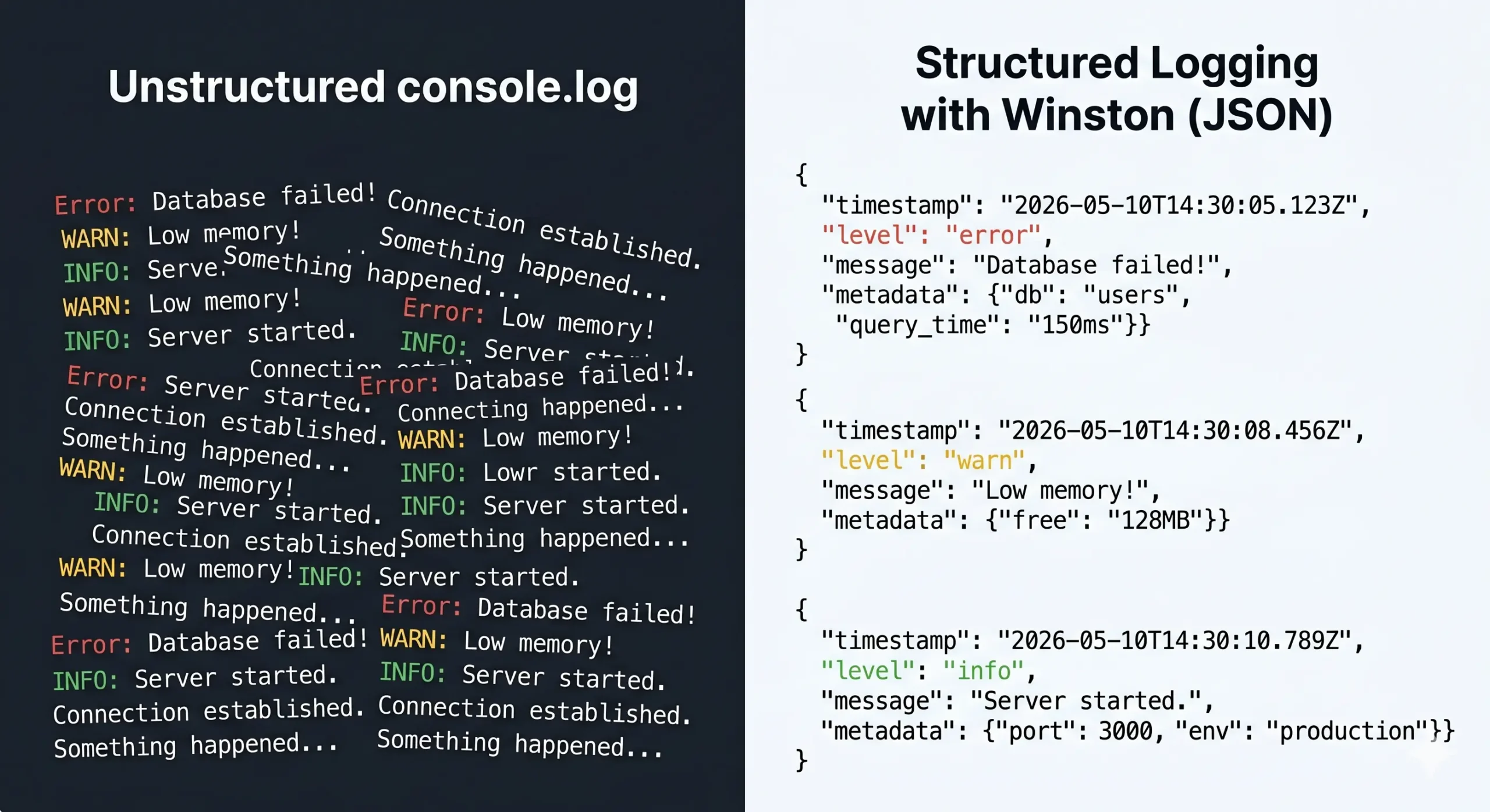 So sánh console.log không phân cấp và log có cấu trúc với Winston