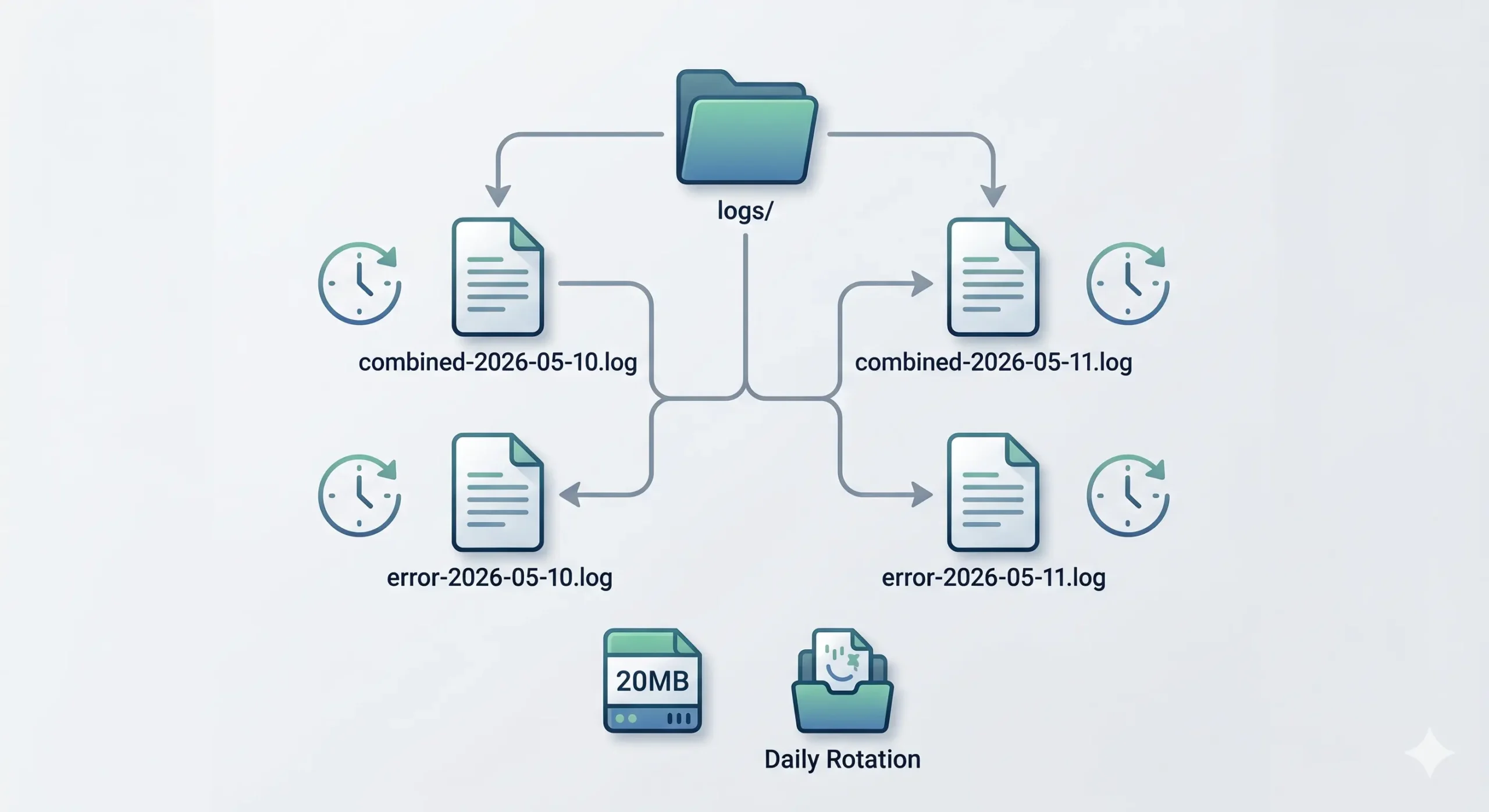 Cấu trúc thư mục logs với file combined và error xoay vòng theo ngày