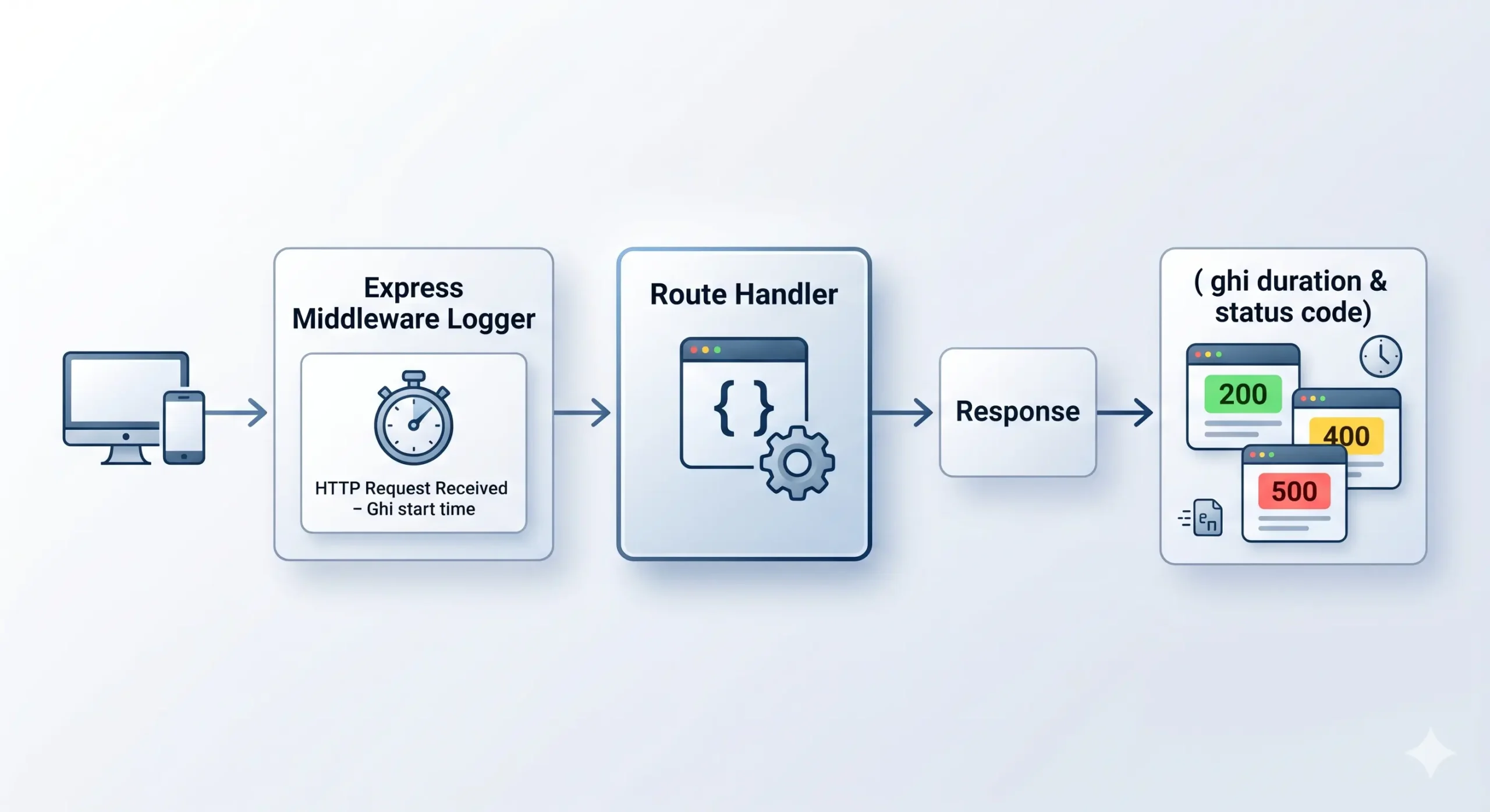 Luồng request đi qua middleware HTTP logger rồi vào route handler