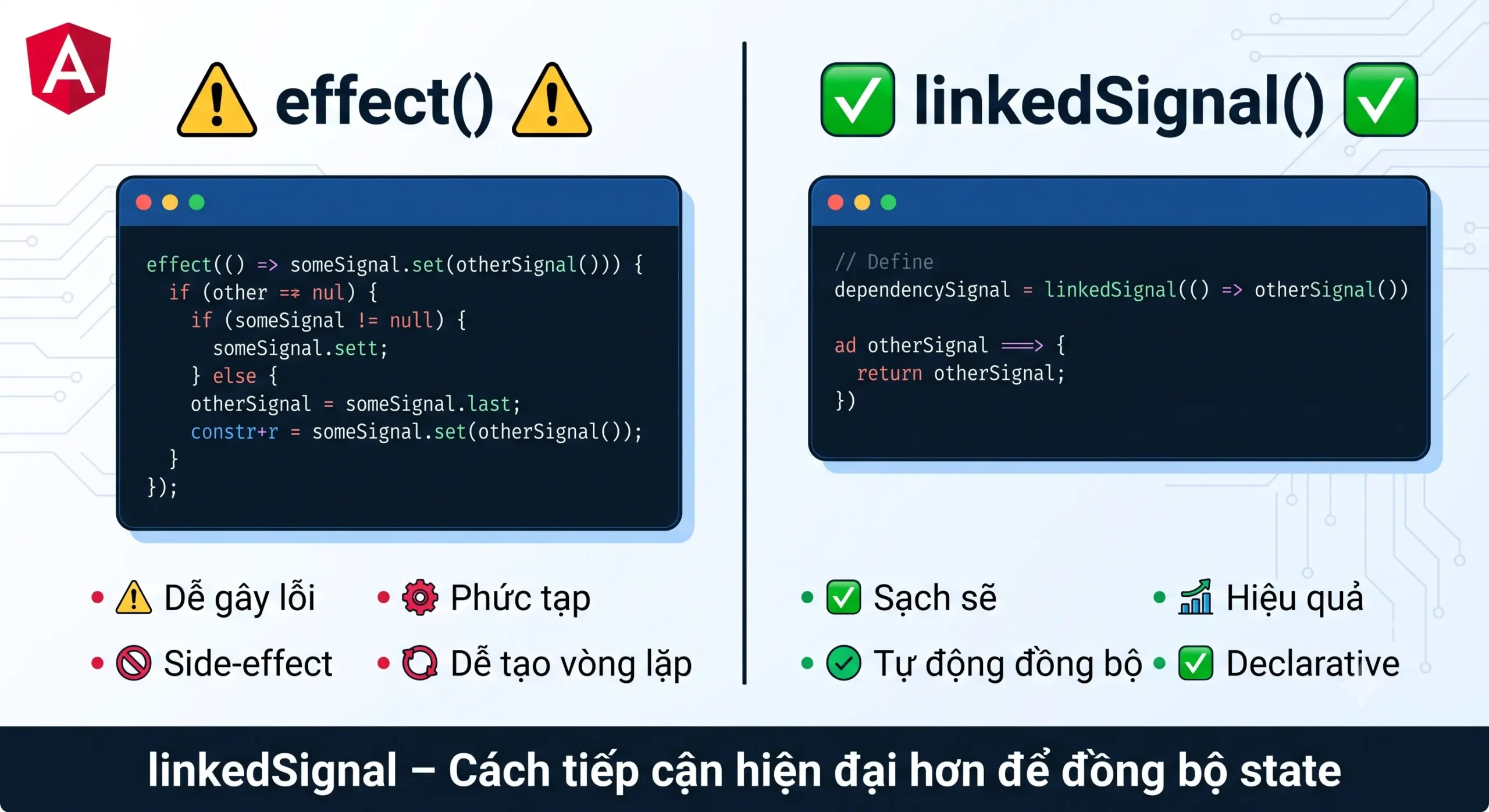 So sánh effect và linkedSignal trong Angular 19+: linkedSignal là lựa chọn thay thế sạch sẽ hơn