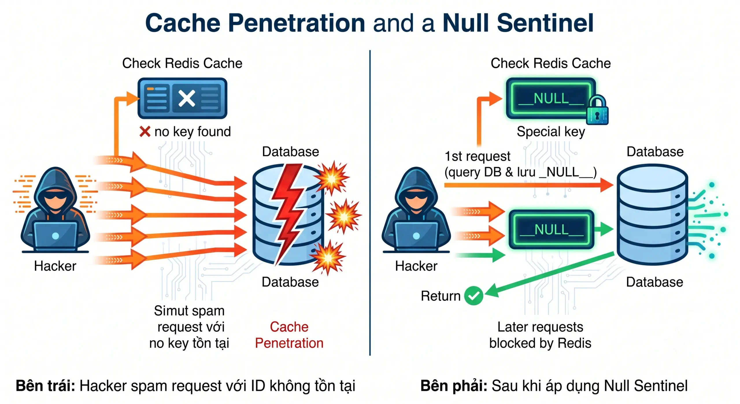 Minh họa Cache Penetration khi ID không tồn tại và giải pháp Null Sentinel với TTL ngắn