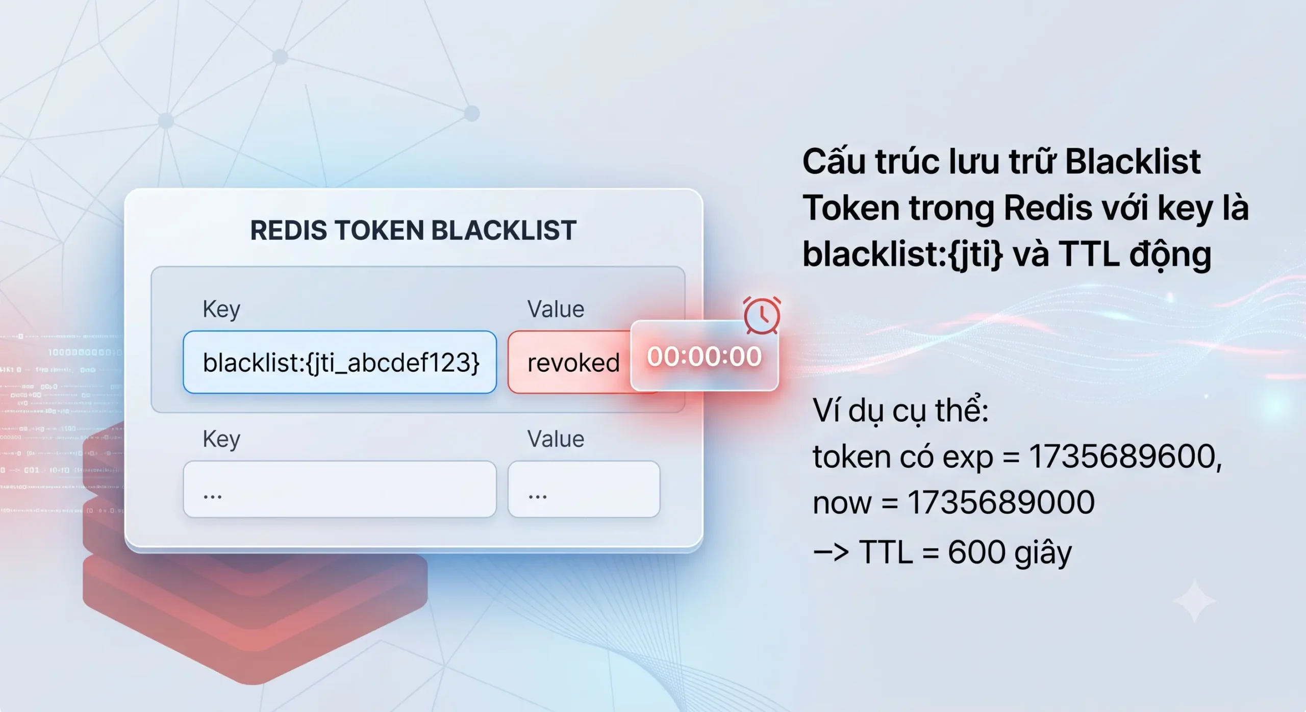 Cấu trúc lưu trữ Blacklist Token trong Redis với key là jti và TTL động