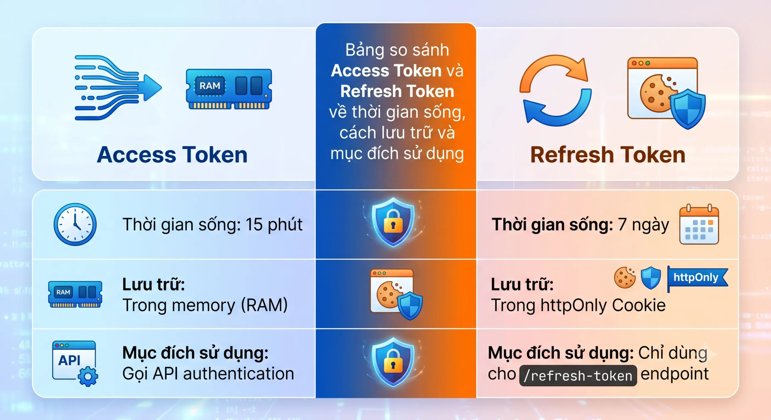 Bảng so sánh Access Token và Refresh Token về thời gian sống, cách lưu trữ và mục đích sử dụng