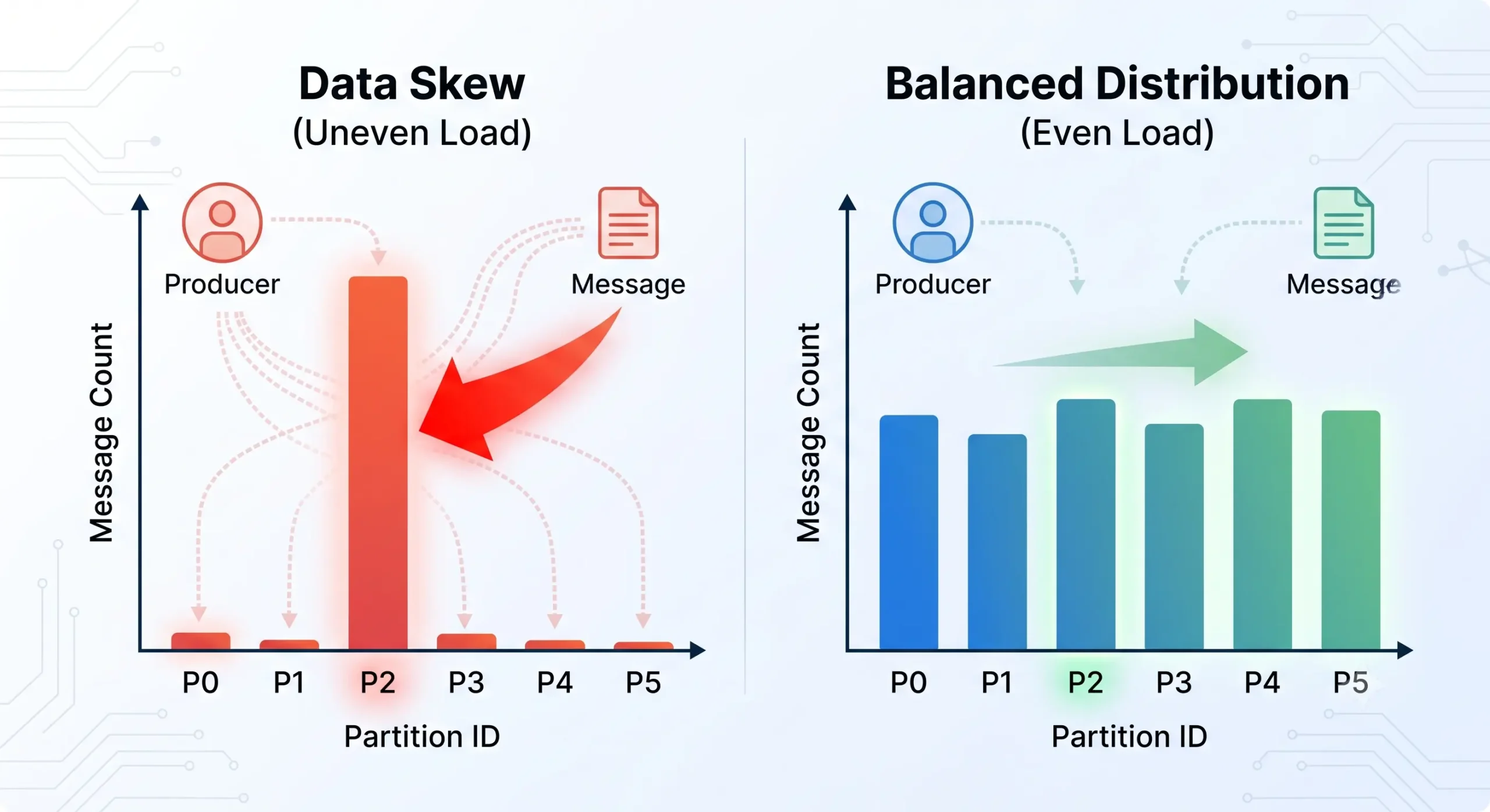 Biểu đồ so sánh hiện tượng Data Skew (lệch dữ liệu) vs phân phối cân bằng trên Kafka Partition