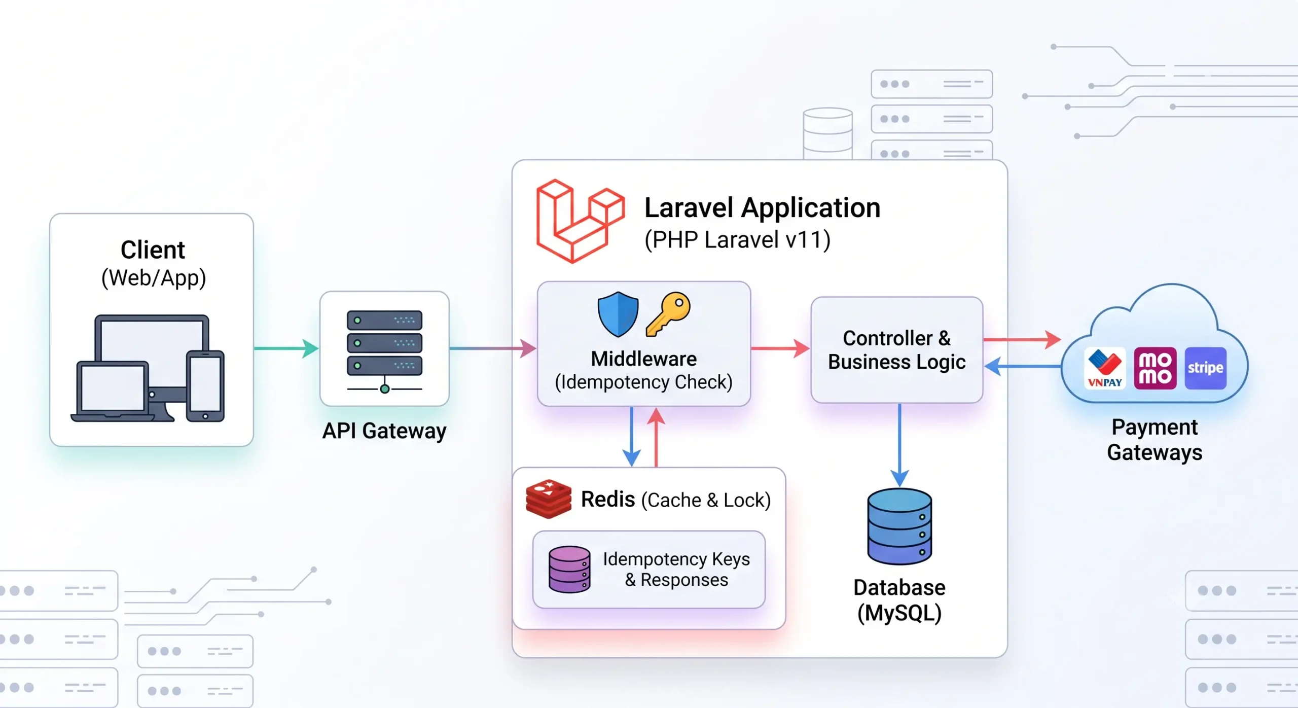 Kiến trúc tổng thể hệ thống thanh toán với Idempotency Key trong Laravel 11