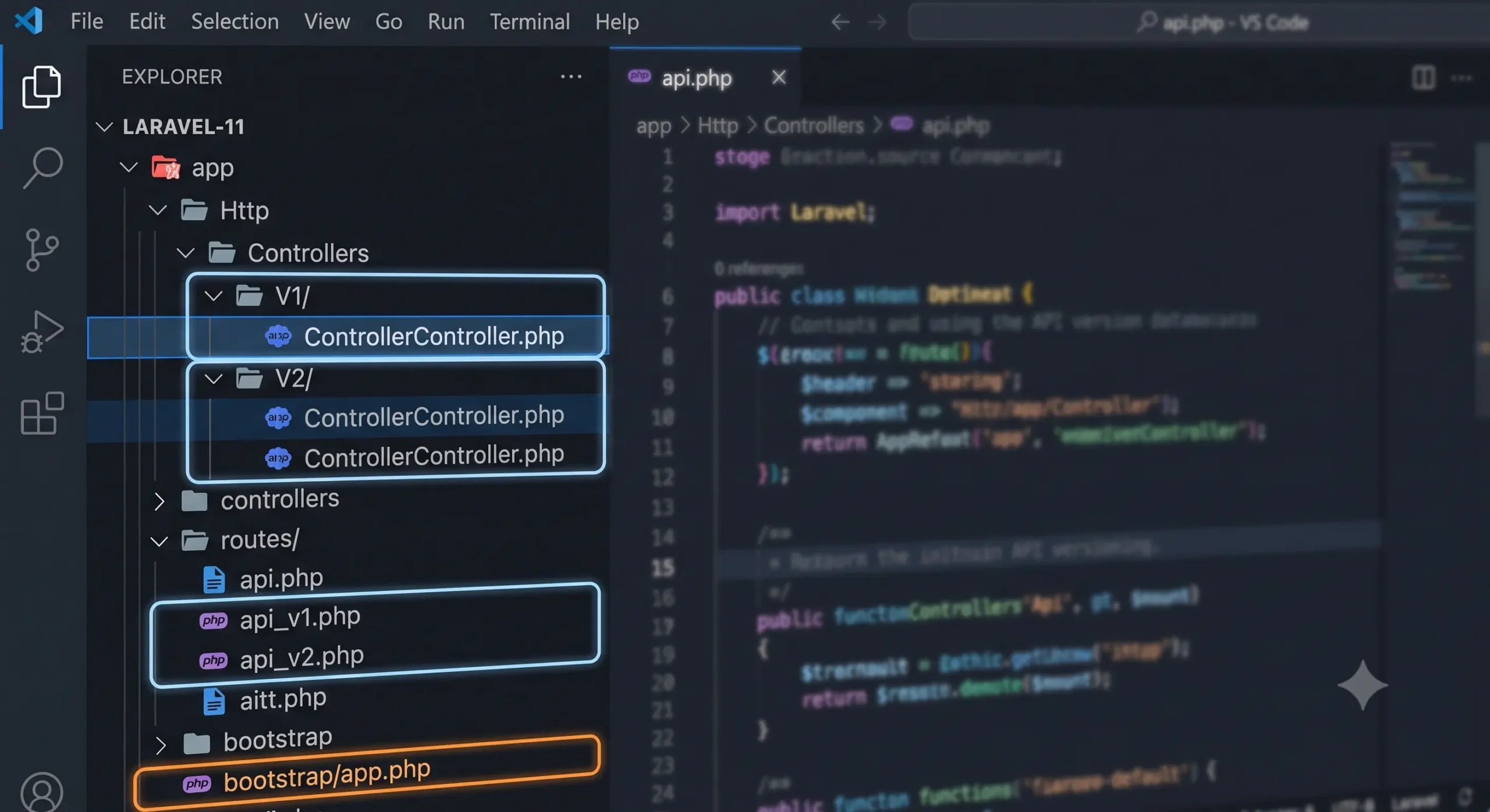 Cấu trúc thư mục Laravel 11 cho API Versioning với Controllers V1, V2 và các file route riêng biệt