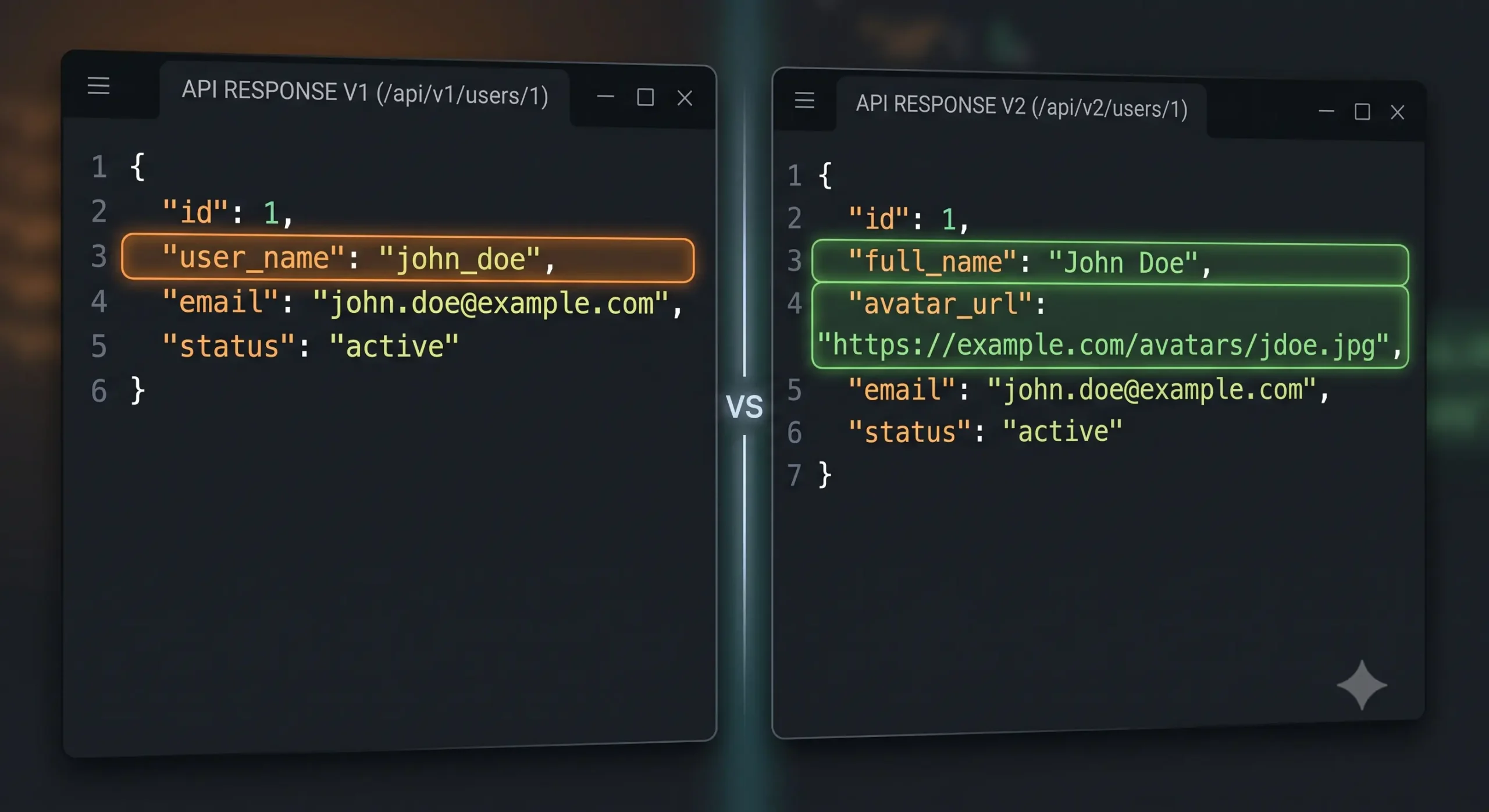 So sánh response JSON giữa API V1 (user_name) và V2 (full_name, avatar) trong Laravel API Resources