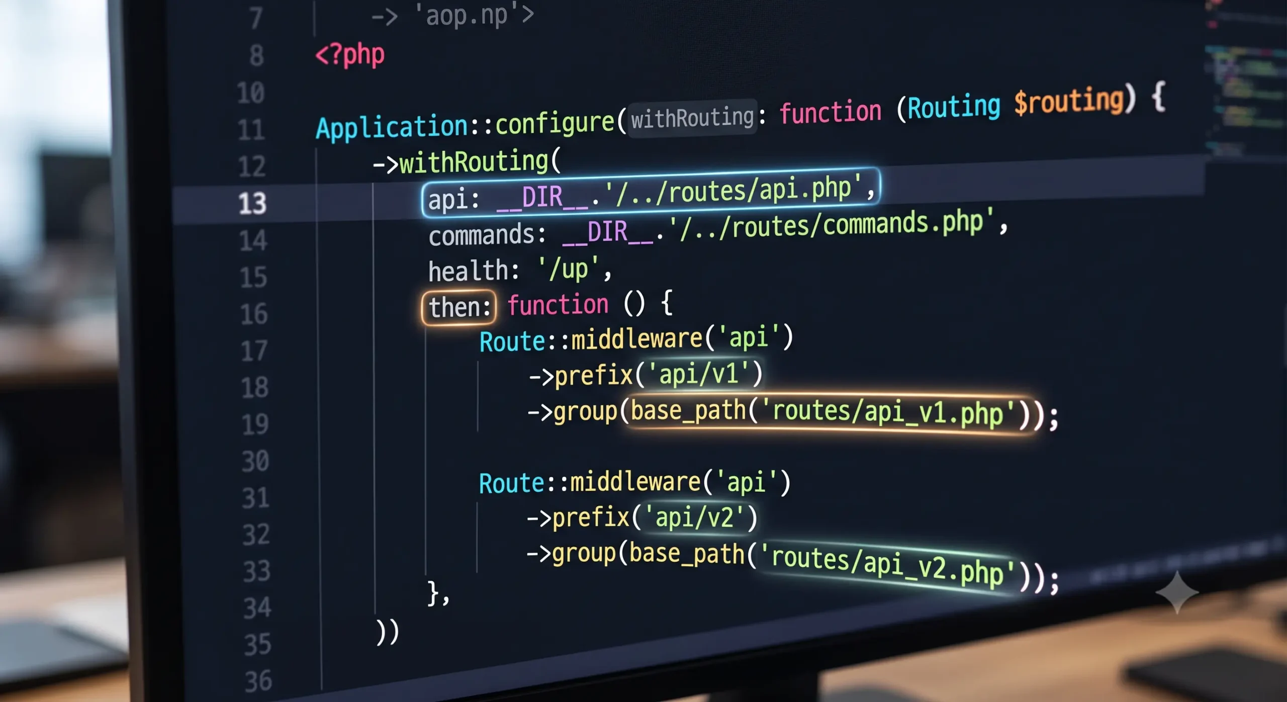 Code cấu hình API Versioning trong file bootstrap/app.php của Laravel 11