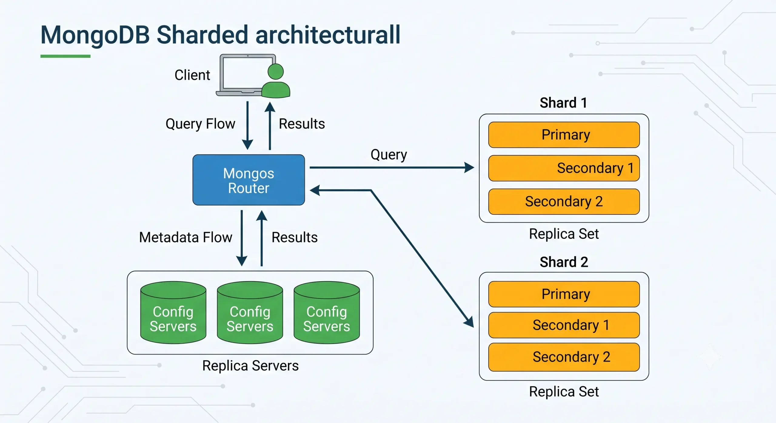 Kiến trúc MongoDB Sharded Cluster với Mongos Router, Config Servers Replica Set và các Shard Replica Set - luồng query từ Client đến Shard Node