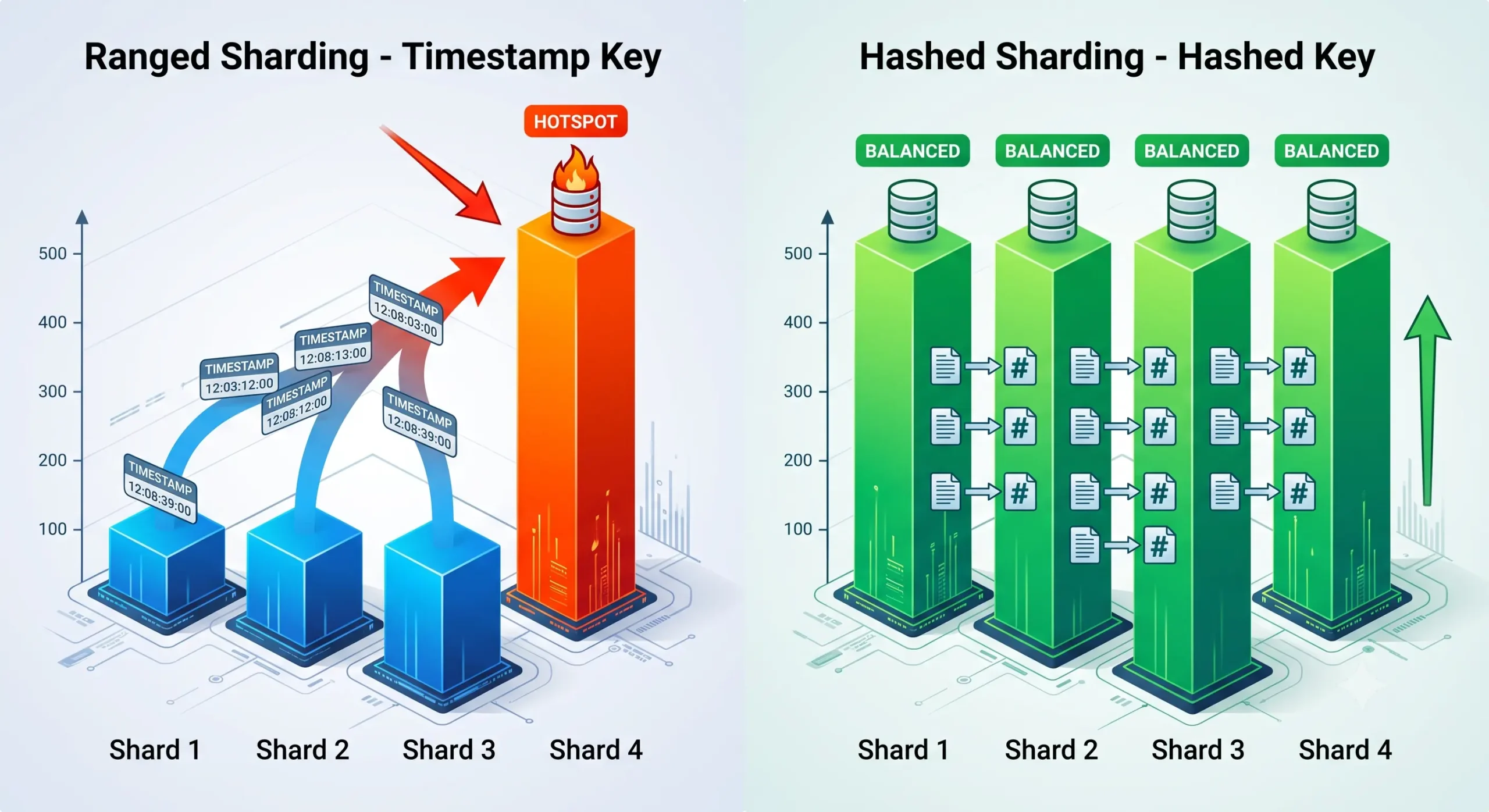 So sánh phân phối dữ liệu giữa Ranged Sharding (gây hotspot) và Hashed Sharding (phân phối đều) trên MongoDB