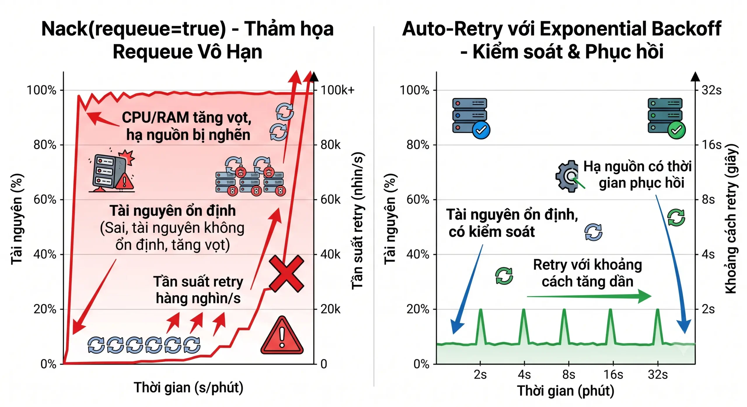 So sánh tác động của vòng lặp retry vô hạn với requeue=true và cơ chế Exponential Backoff có kiểm soát
